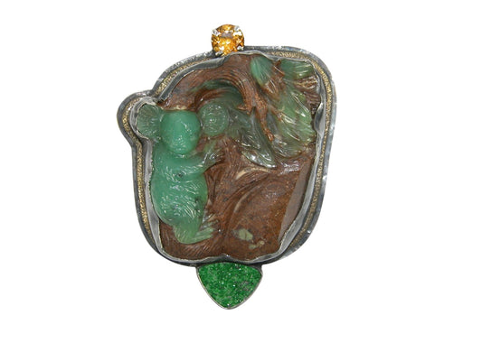 Hand Carved Chrysoprase Koala Bear Sterling Silver Pin Pendant