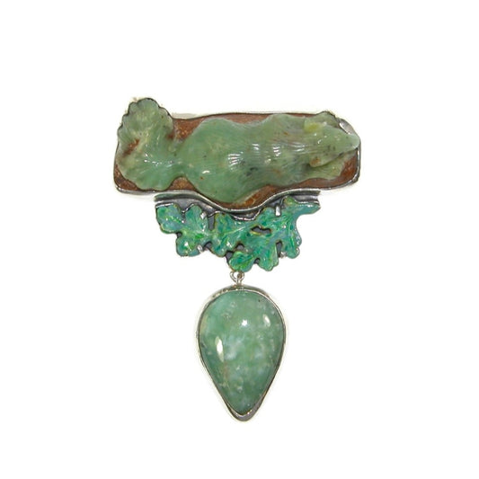 Hand Carved Chrysoprase Squirrel Sterling Silver Pin Pendant