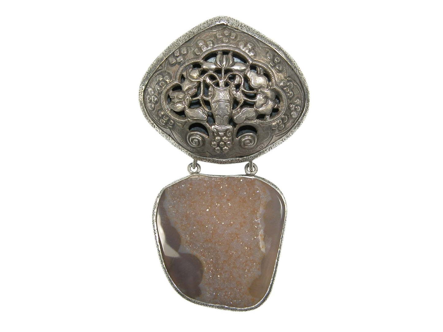 33632 Antique Silver Piece with Brazilian Agate Drusy Sterling Silver Pin Pendant