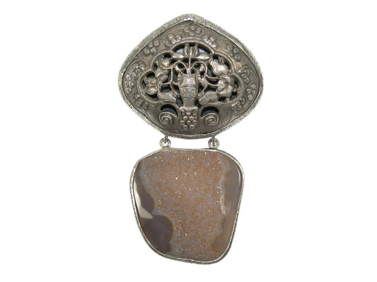 33632 Antique Silver Piece with Brazilian Agate Drusy Sterling Silver Pin Pendant