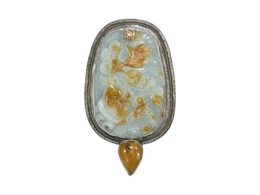 33633 Hand Carved Collector's Jade with Dendritic Quartz Sterling Silver Pin Pendant