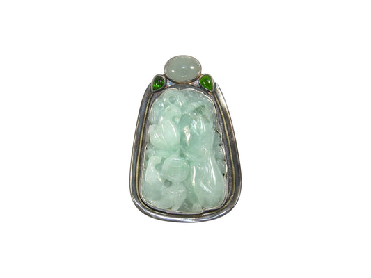 Carved Collector's Jade with Aquamarine and Chrome Diopside Pin and Pendant