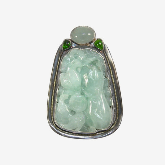 33634 Hand-Carved Jade, Aquamarine, Chrome Diopside Pin / Pendant