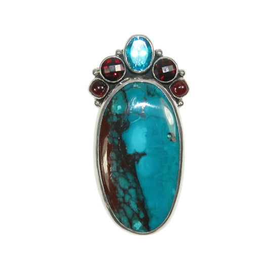 Chrysocolla with Garnet Sterling Silver Pin Pendant
