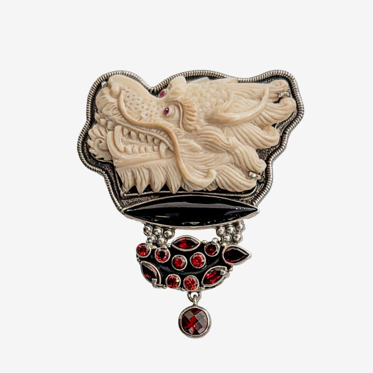 33639 Hand-Carved Fossil, Ruby Eyed Dragon Pin / Pendant