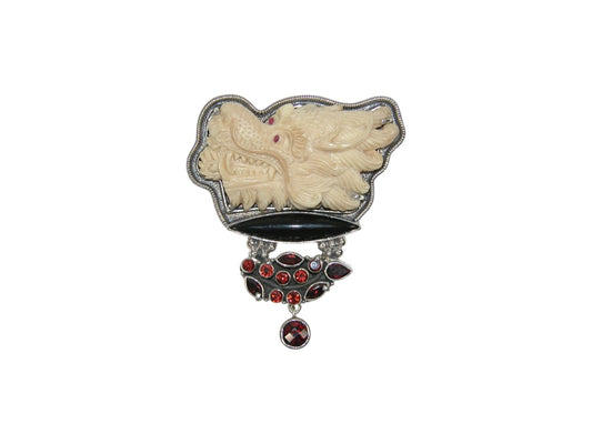 Carved Fossil Dragon Head with Ruby Eyes Sterling Silver Pin Pendant