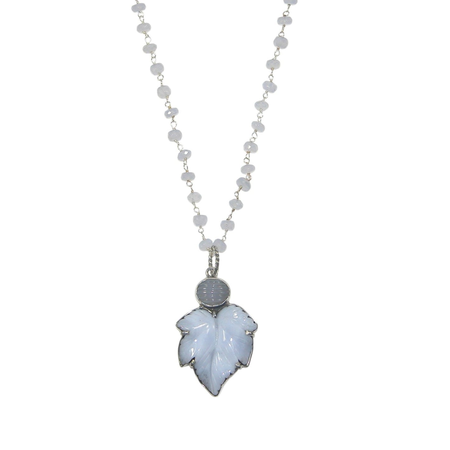 Carved Leaf Beaded Sterling Silver Necklace and Pendant