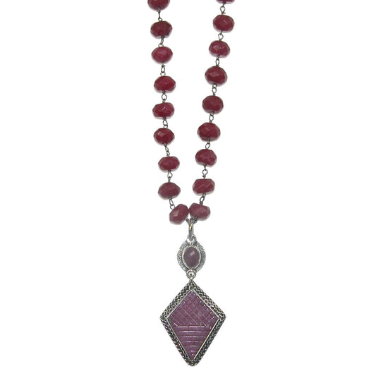 Carved Ruby Beaded Sterling Silver Necklace