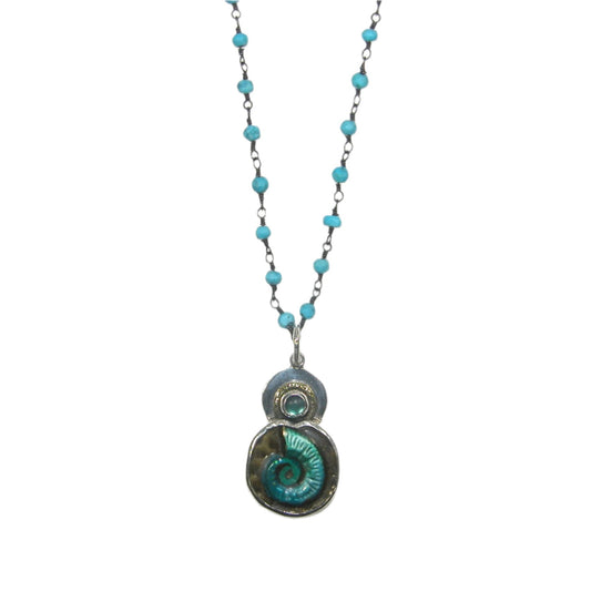 Blue Shell Enameled Beaded Sterling Silver Necklace and Pendant