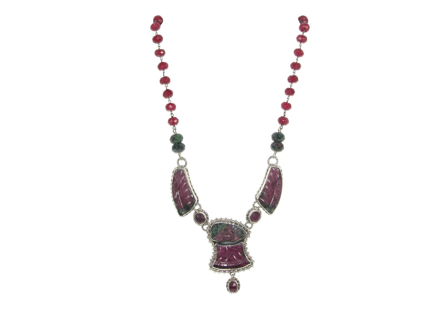 Hand Carved Frog Ruby Zoisite Sterling Silver Necklace