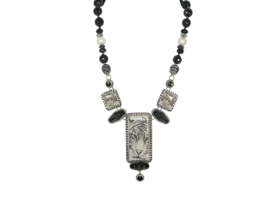 Black and White Tiger Tile Sterling Silver Necklace