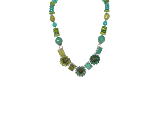 33650 Hand Enameled Flowers with Turquoise Sterling Silver Necklace