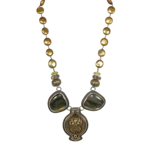 33653 Labradorite and Freshwater Pearl Ganesha Sterling Silver Necklace