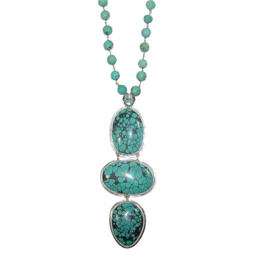 Three Stone Turquoise Beaded Sterling Silver Necklace