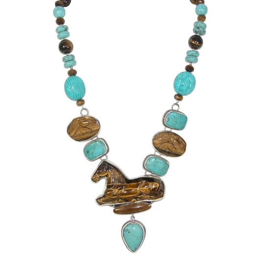 Hand Carved Tiger's Eye Horse with Turquoise Sterling Silver Necklace