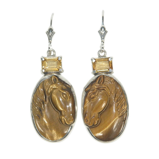 33662 Citrine and Carved Horse Sterling Silver Earrings