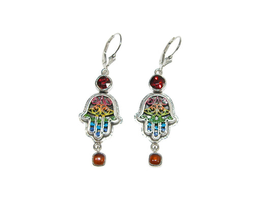 33879L Hamsa Carnelian Hand Enamel Sterling Silver Earrings