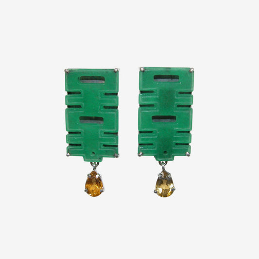 33887 Carved Green Quartz, Citrine Sterling Silver Earrings