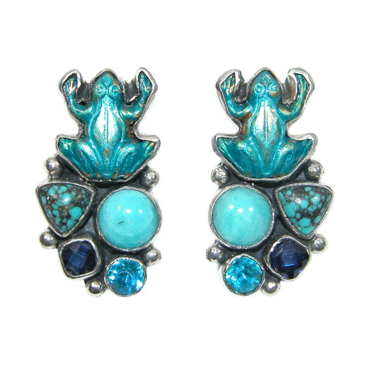 33909 Hand Enamel Frog Turquoise Onyx Topaz Sterling Silver Earrings