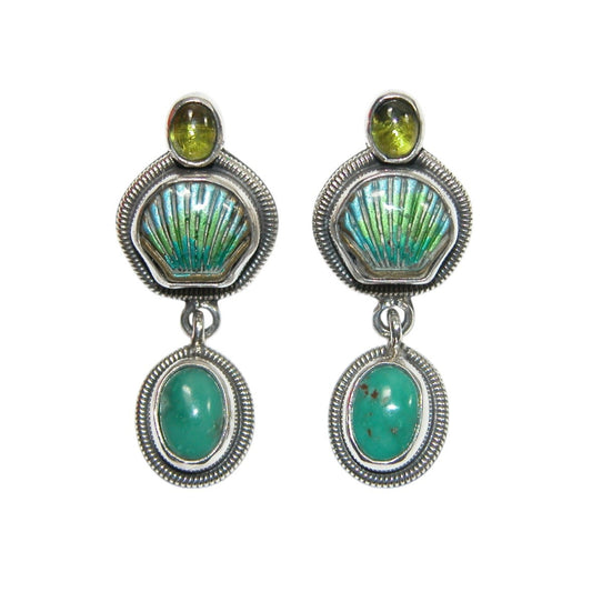 Hand Enamel Sea Shell Turquoise Peridot Sterling Silver Earrings