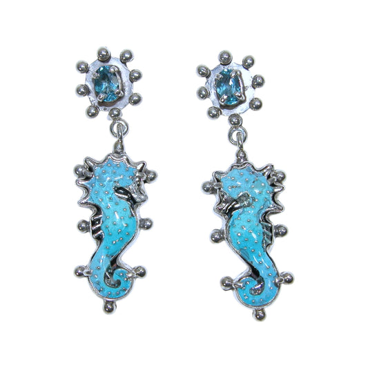 33918B Hand Enamel Blue Seahorse Sterling Silver Earrings