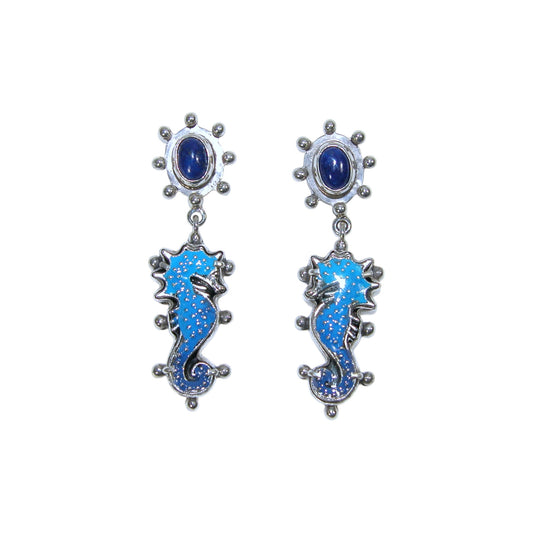 33918A Hand Enamel Seahorse Blue Lapis Sterling Silver Earrings