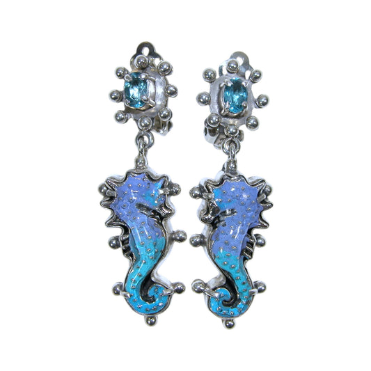 33918C Hand Enamel Blue & Purple Seahorse Sterling Silver Earrings