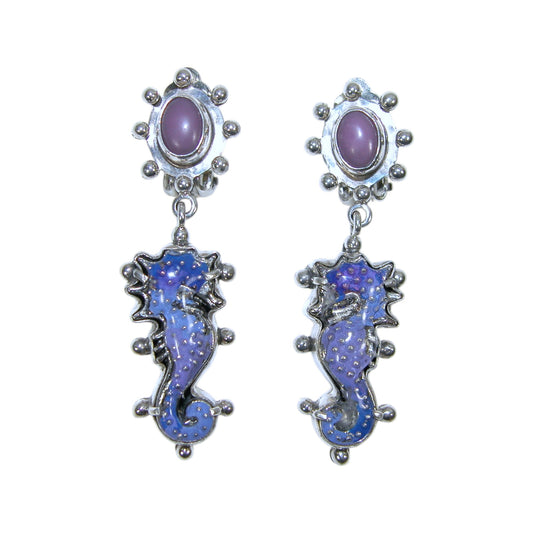 33918D Hand Enamel Purple Seahorse Sterling Silver Earrings