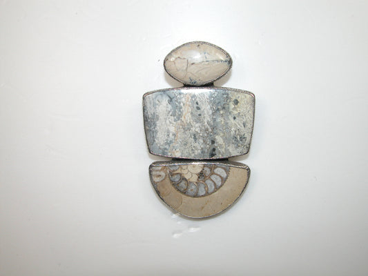 Three Stone Ammonite Sterling Silver Pin and Pendant