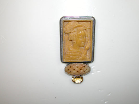 Carved Woman Citrine Sterling Silver Pin and Pendant
