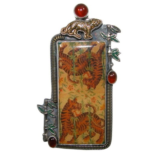 33954 Hand Made Tiger Tile, Amber Sterling Silver Pin and Pendant