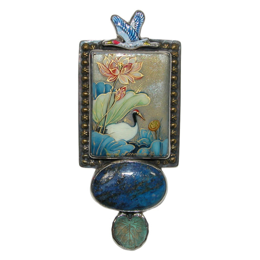Handmade Tile, Enameled Crane, Onyx Sterling Silver Pin and Pendant