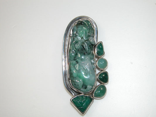 Carved Jade Sterling Silver Pin and Pendant