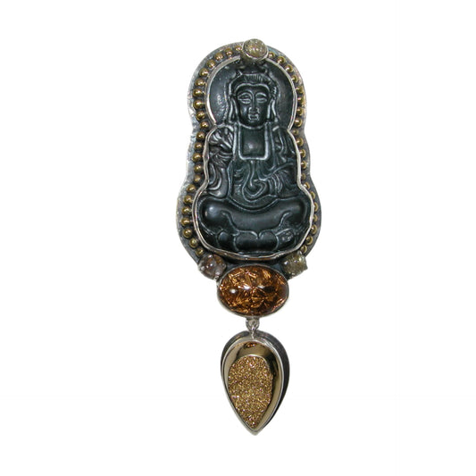 Gold Drusy Carved Buddha Sterling Silver Pin and Pendant