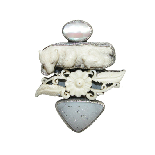 Carved Bear Drusy Sterling Silver Pin and Pendant