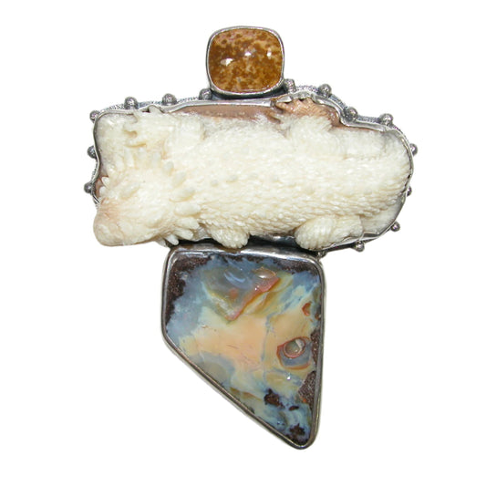 Carved Lizard, Boulder Opal Sterling Silver Pin and Pendant