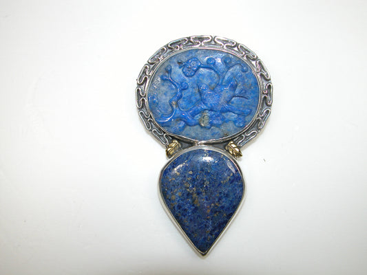 Carved Bird Blue Lapis Sterling Silver Pin and Pendant