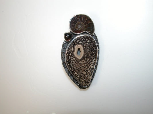 33967 Dinosaur Bone, Ammonite Sterling Silver Pin and Pendant