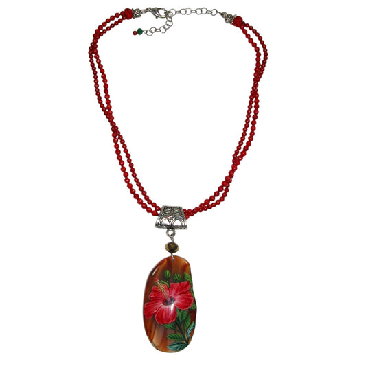 Hand Painted Floral Beaded Sterling Silver Necklace