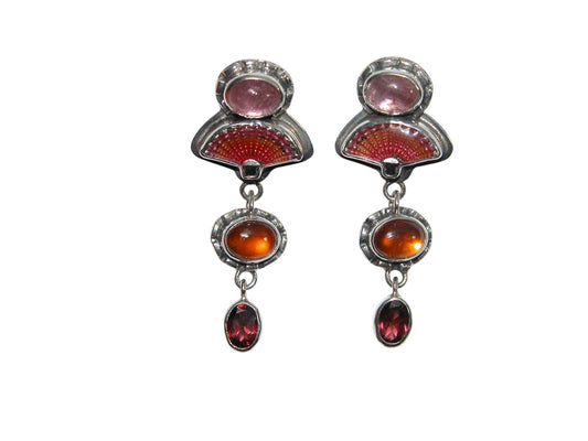 33989 Hand Enamel Fan Carnelian Sterling Silver Earrings