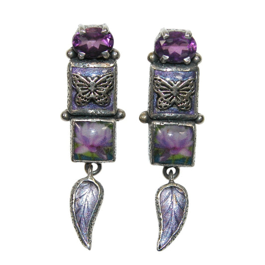 33993 Amethyst Tile Flower Sterling Silver Earrings