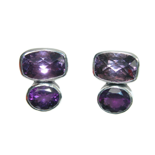 34001 Purple Amethyst Two Stone Sterling Silver Earrings