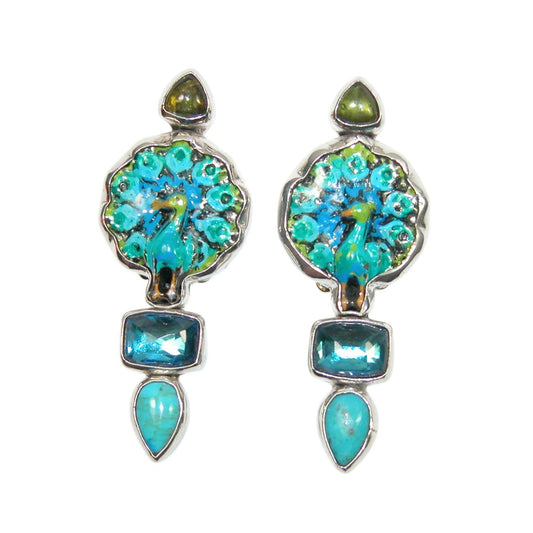 34009 Hand Enamel Peacock Turquoise Quartz Sterling Silver Earrings