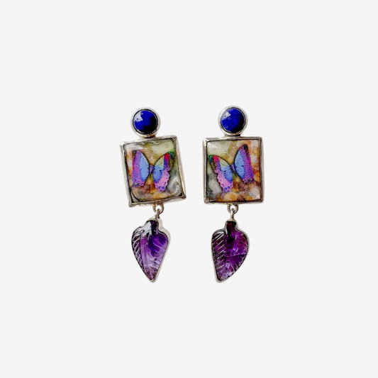 34023 Handmade Tile Butterfly, Lapis, Amethyst Earrings