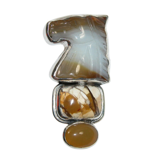 34033 Carved Botswana Agate, Yellow Onyx Sterling Silver Pin and Pendant