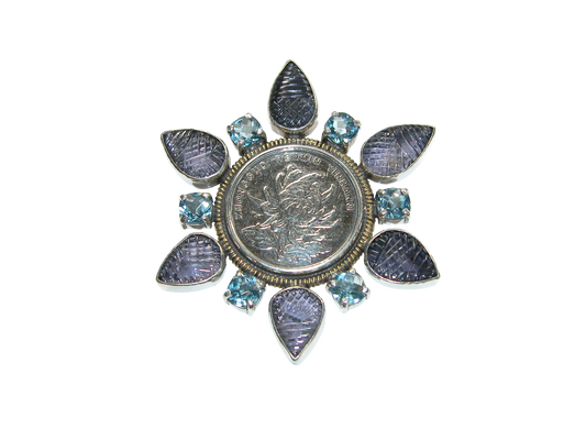 34034A Iolite, Blue Topaz, Vintage Silver Coin Pin Pendant