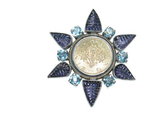 34034 Iolite, Blue Topaz, Vintage Gold Coin Pin Pendant