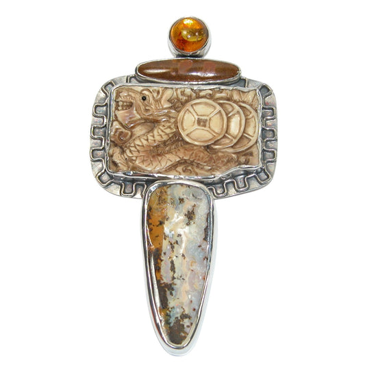 Carved Dragon, Boulder Opal Sterling Silver Pin and Pendant