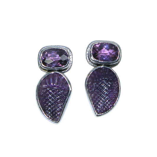34039B Carved Amethyst  Sterling Silver Earrings