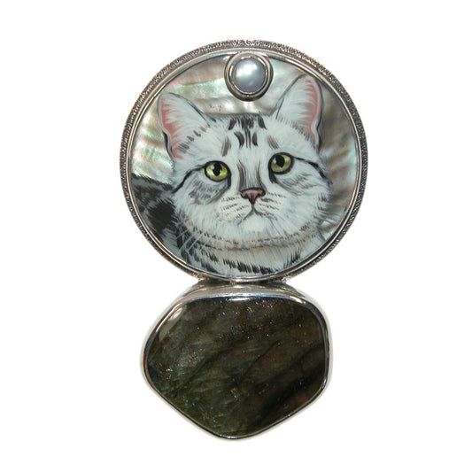 Hand Painted Cat Labradorite, Pearl Sterling Silver Pin and Pendant